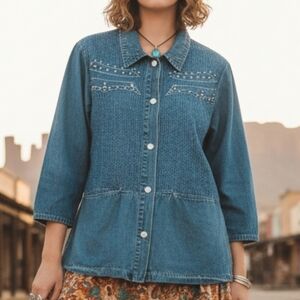 Red Coral USA M Vintage 90s Western Coastal Cowgirl Rodeo Jean Shirt Jacket